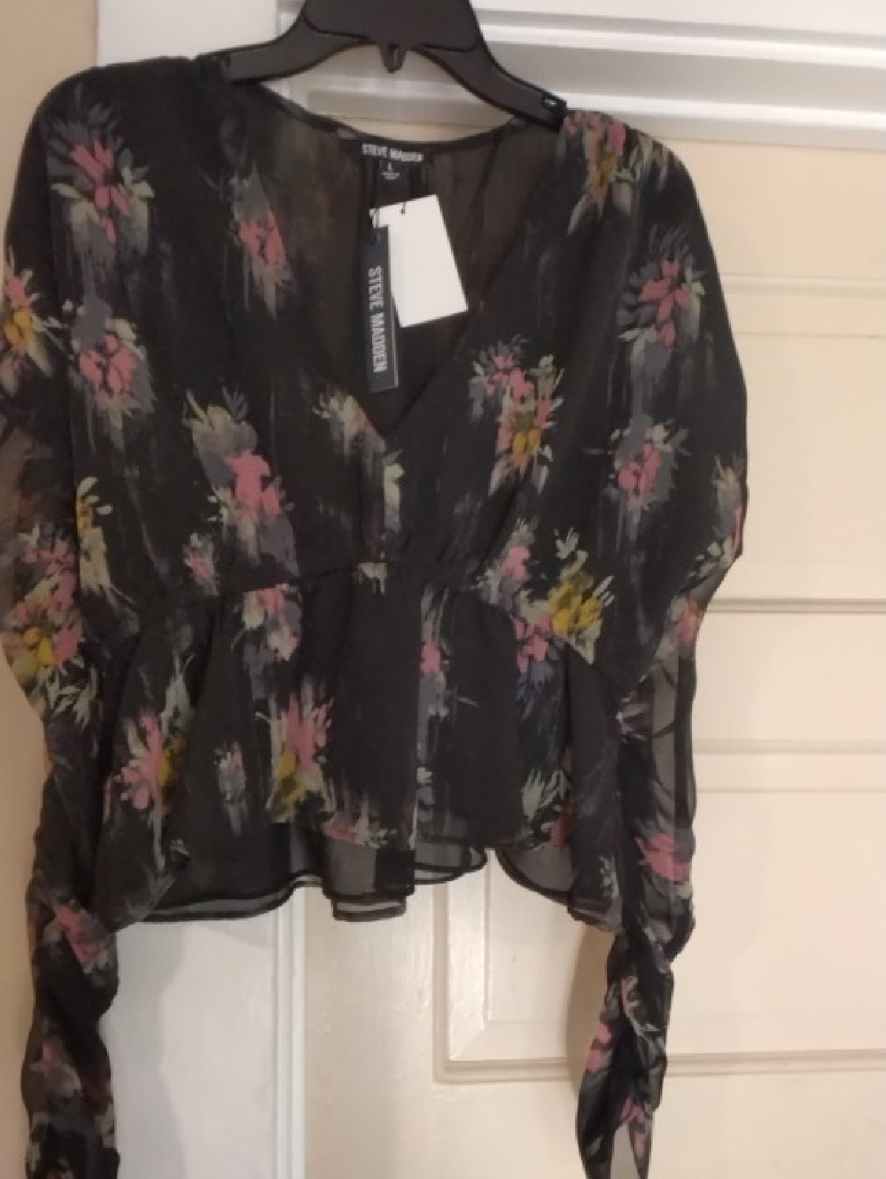 Steve Madden Black Sheer Floral Peplum Blouse with Pink and Yellow Accents